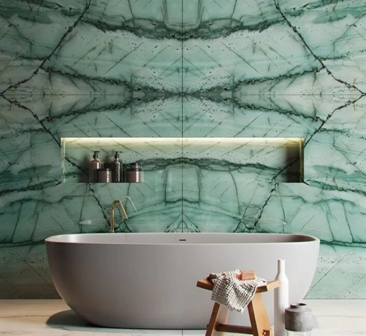 Green Da Vinci Quartzite bathroom wall