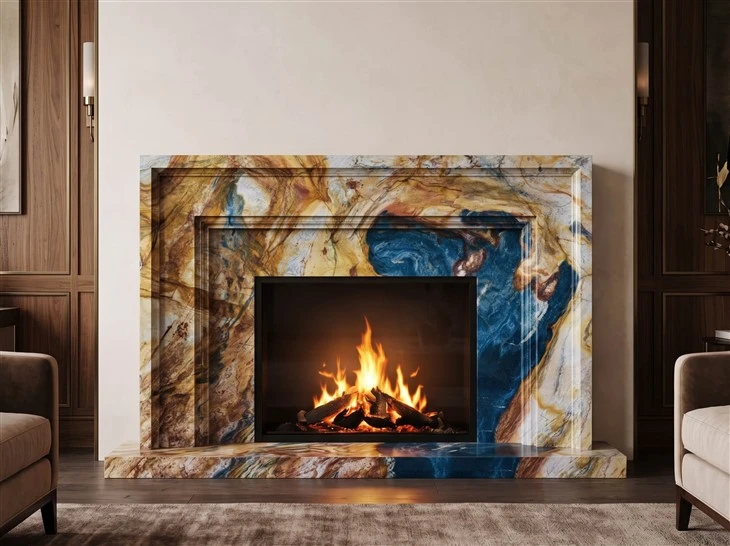 Blue Louise Quartzite fireplace surround and hearth with layered molding details and dramatic blue, gold and brown veining