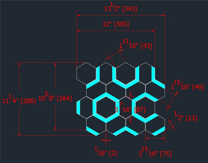  Shop drawing of a Vanilla Onyx and Emperador Dark Marble mixed mosaic sheet with interlocking hexagonal geometry and dimensions in inches and millimetres.