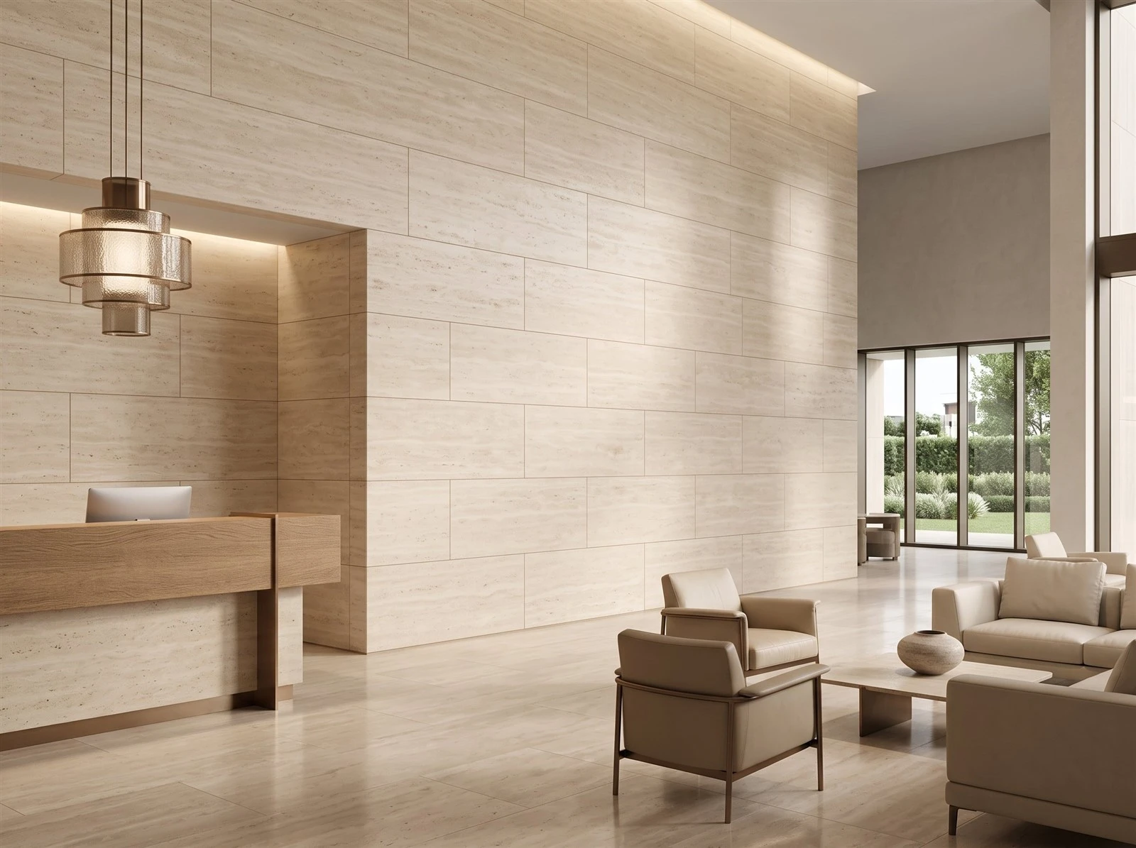 Beige travertine wall tiles installed in a luxury hotel lobby with a reception desk, modern seating and floor-to-ceiling windows. Beige travertine wall tiles installed in a luxury hotel lobby with a reception desk, modern seating and floor-to-ceiling windows.