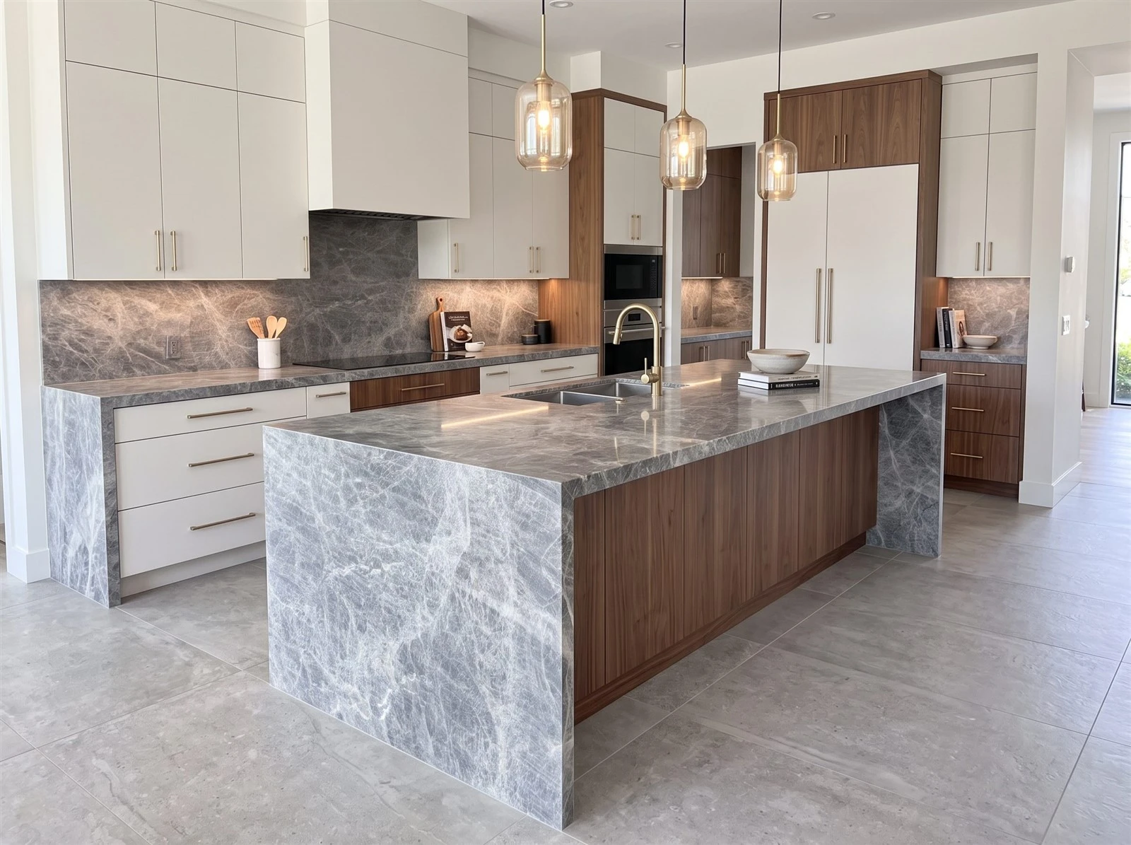 Allure Royale quartzite kitchen countertops and waterfall island in a modern luxury kitchen Allure Royale quartzite kitchen countertops and waterfall island in a modern luxury kitchen