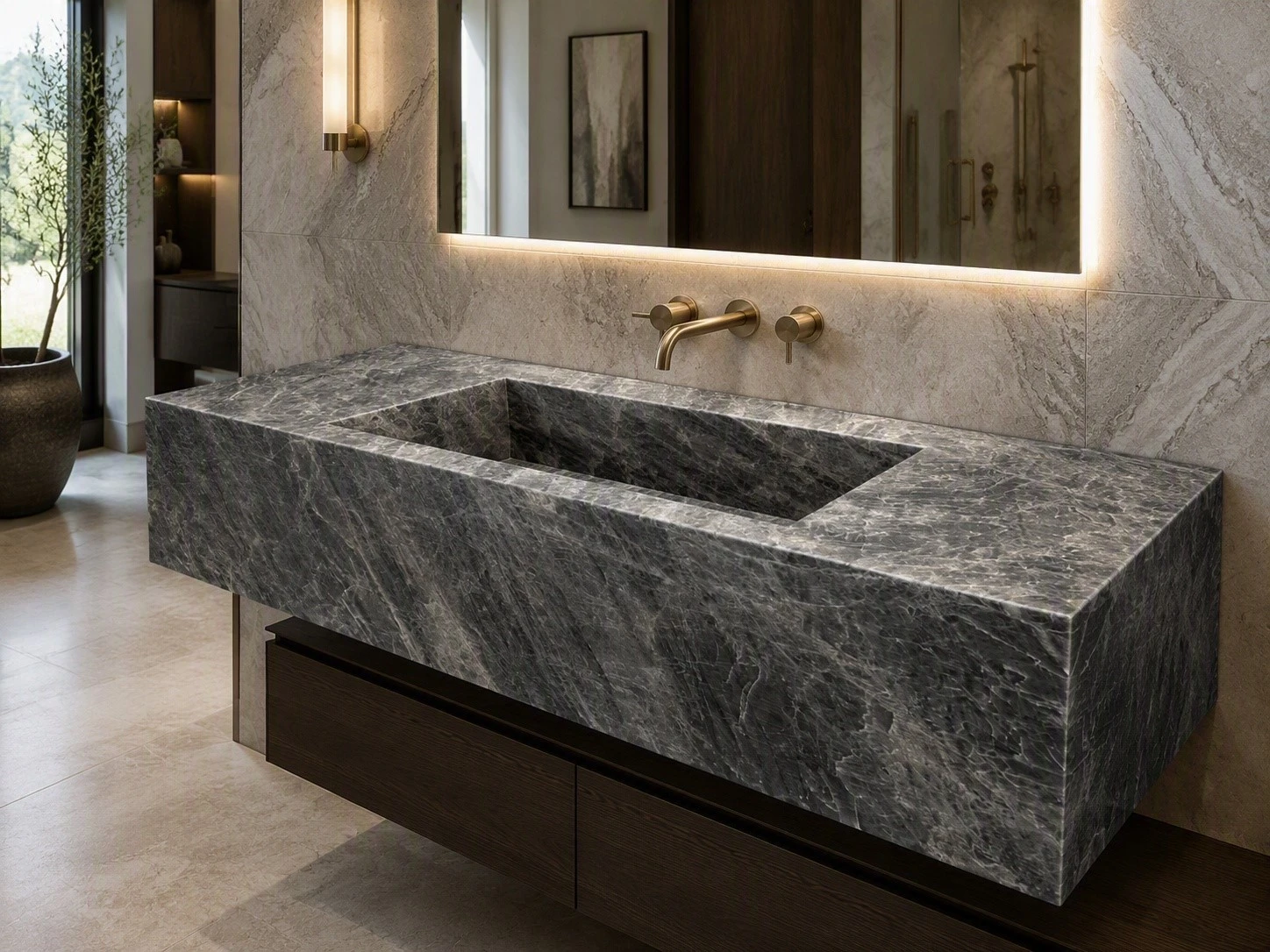 Allure Royale quartzite bathroom vanity top with integrated rectangular sink Allure Royale quartzite bathroom vanity top with integrated rectangular sink