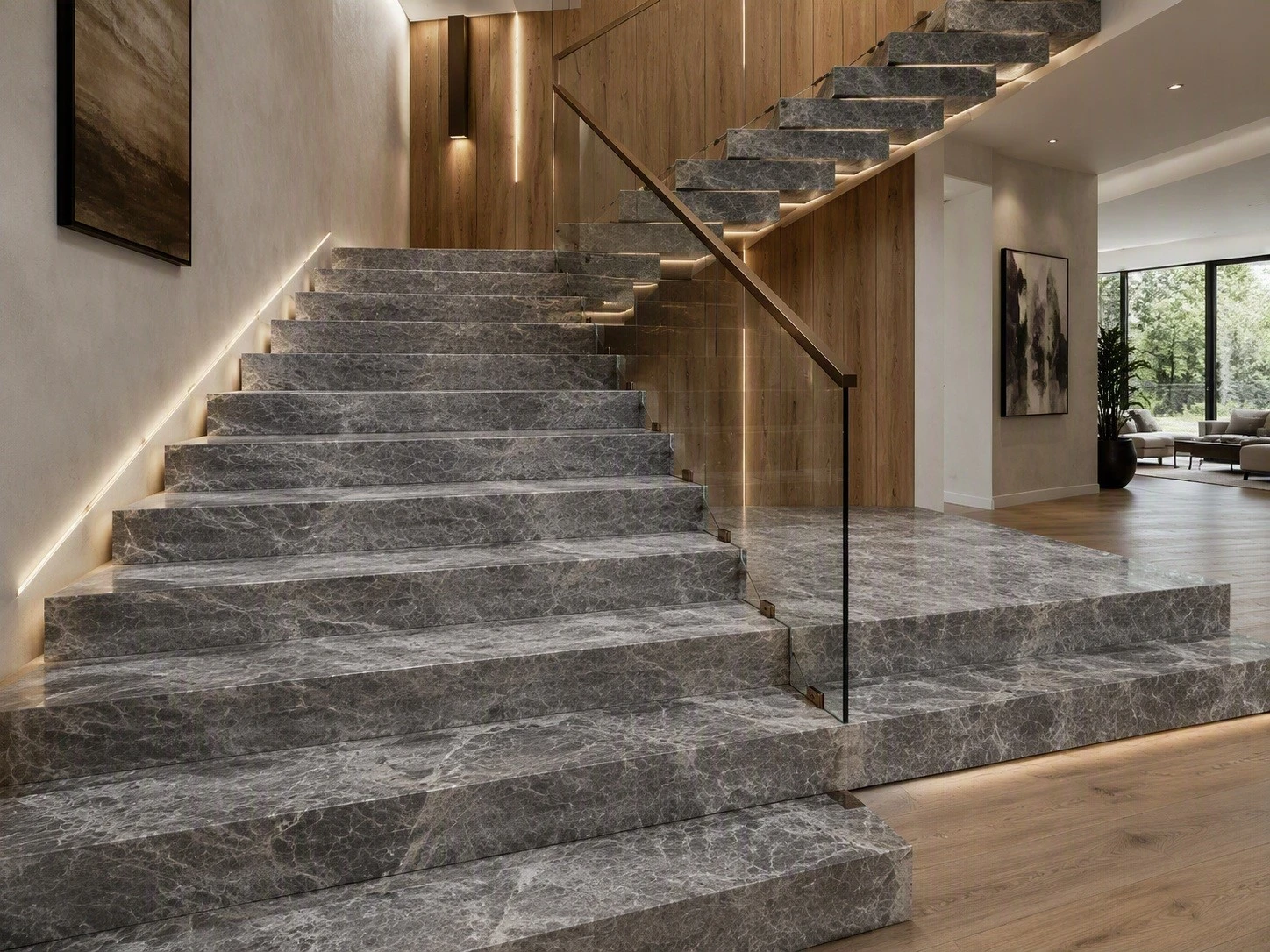 Allure Royale quartzite interior staircase with stone treads, risers and glass balustrade Allure Royale quartzite interior staircase with stone treads, risers and glass balustrade